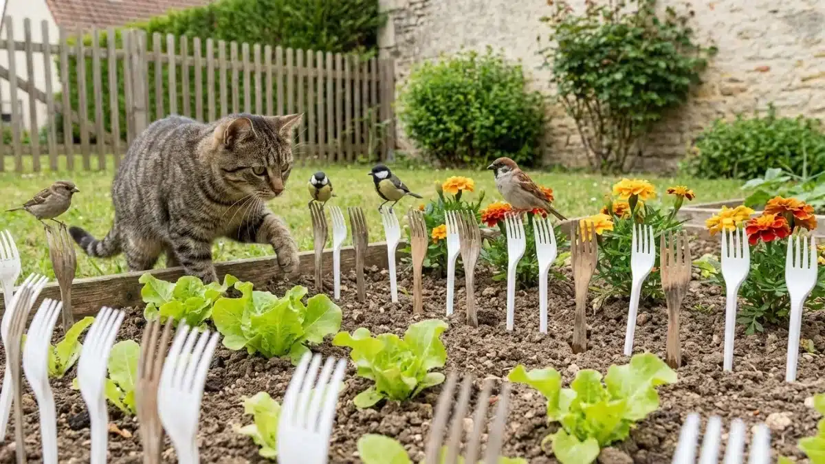 Vegetable garden: These covers stuck into the ground that gardeners are fighting over to keep cats and birds away (without products)